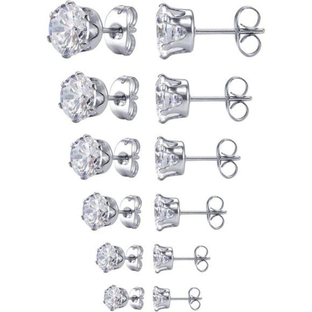 Stud Earrings for Mens Stainless Steel Earrings, 3-8mm Round Cubic